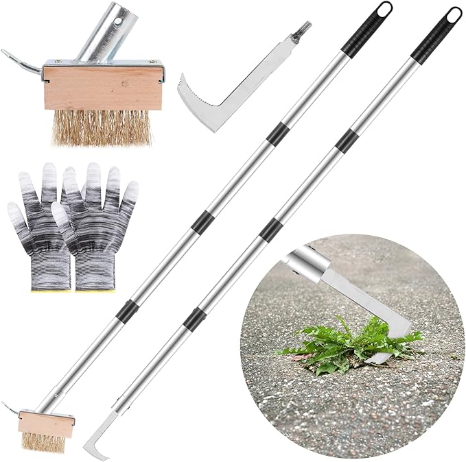 Crack Weeder Tool,2-in-1 Crack Weeder & Moss Remover Brush,33-61 Inch Adjustable Handle,Weed Removal Tool for Weeding Between pavers, Sidewalk, Driveway Crack, Patio Crevice