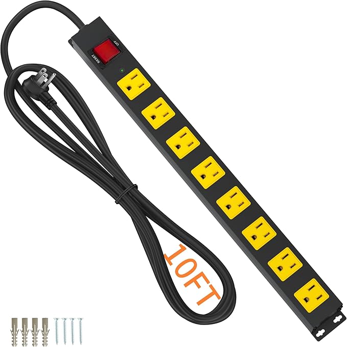 Heavy Duty Surge Protector 8 Outlet Long Power Strip Extension Cord Wide Spaced and Wall Mount Metal Powerstrip for Home Office Workshop Garage (10FT)