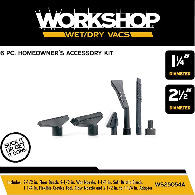 WORKSHOP Wet/Dry Vacs Vacuum Accessories WS25054A Homeowner DIY Kit for Wet Dry Vacuum Cleaners, 1-1/4-inch and 2-1/2-inch Shop Vacuum Attachments with 2-1/2-inch Hose Adapter, for General Cleaning