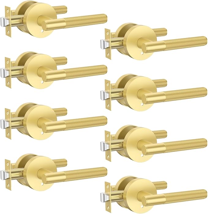 Amerdeco 8 Pack Brushed Gold Door Handles Interior, Knurled Privacy Door Handles with Lock,Heavy Duty Gold Door Lever for Bedroom or Bathroom,Reversible Keyless for Left Right Handed Doors