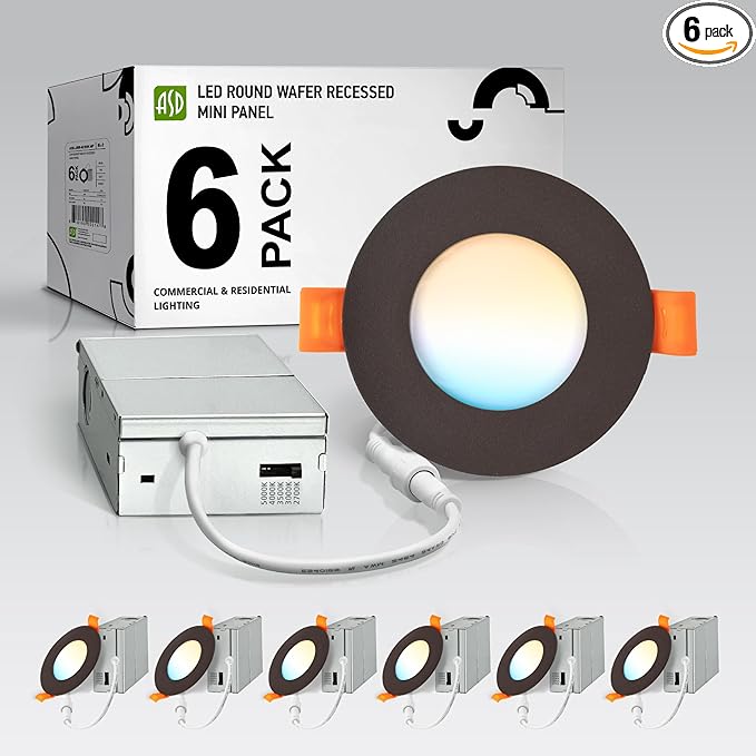 ASD 6 Pack 3 Inch LED Recessed Light 6W, 5 CCT 2700K-5000K CRI90+, IC Rated Ultra Thin Dimmable Ceiling Lights with J Box, Canless Wafer Downlight, Round Slim Panel Lighting, Energy Star ETL, Bronze