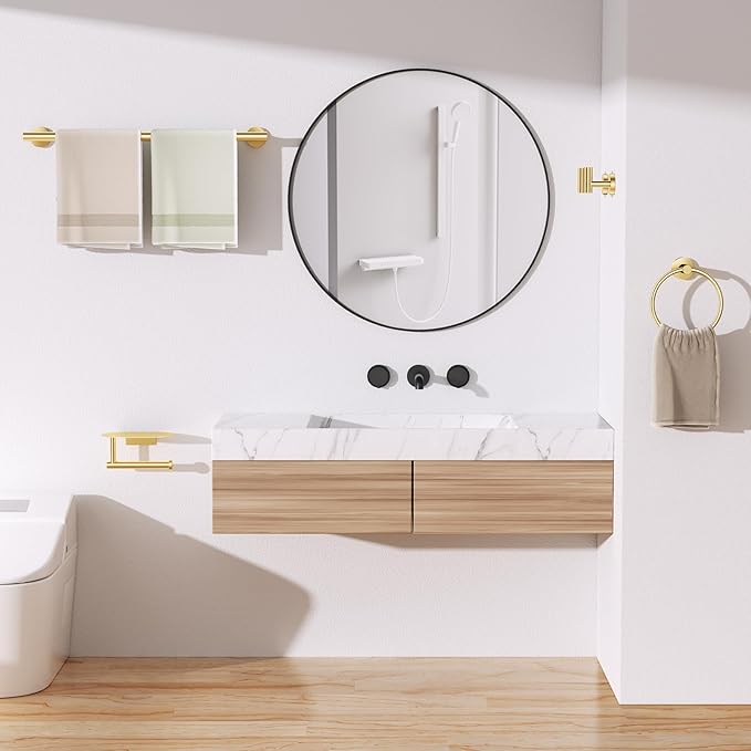 TURS Brushed Gold 5 Piece Bathroom Hardware Set, SUS304 Stainless Steel Bath Towel Bar Set, Bathroom Towel Rack Set Wall Mounted