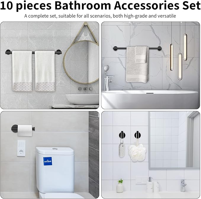 Newfun 10 Piecess Matte Black Bathroom Hardware Set - Includes 24inch Towel Bar, Robe Hook, Toilet Paper Holder, Bathroom Accessories Set Stainless Steel Wall Mounted (Matte Black)