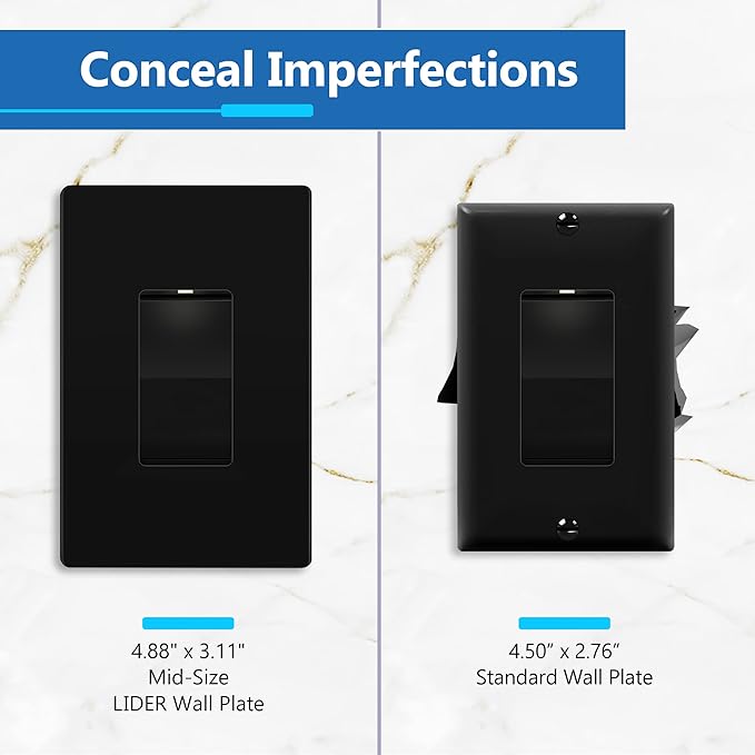 LIDER Matte Finish Decorator Switch Cover, Screwless Wall Plate, Mid-Size 1-Gang 4.88" x 3.11", Unbreakable Polycarbonate Thermoplastic, UL Listed, LSWP-31M-BK5P, Black, 5 Pack