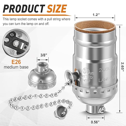 4 Pcs Pull Chain Lamp Socket Replacement, E26 Standard Threaded Base, Light Socket with Pull Chain, Lamp Parts for Repair (Silver)