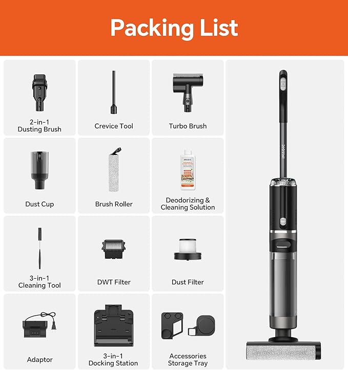 IMAGIC M3 Combo Wet Dry Vacuum Cleaner, 4-in-1 Cordless Vacuum Mop Combo for Multi-Surface, Lightweight & Handheld Vacuum Mop All in One with Edge Cleaning, Self-Cleaning & Hot Air Drying, Grey