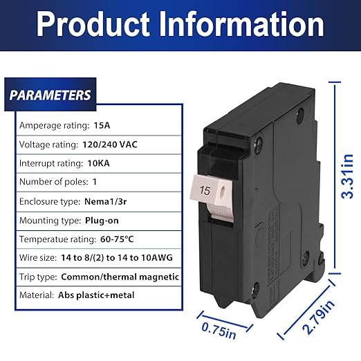 15 Amp 1-Pole Circuit Breaker, Type 3/4-Inch Plug-On Molded Case Circuit Breaker, 120/240V, Thermal Magnetic, 10-Yr Warranty