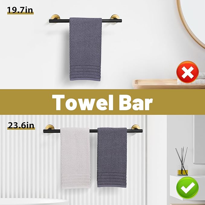 Black and Gold Towel Bar Set 6 Pieces Bathroom Hardware Accessories Set Include 19.68/23.6 in Towel Bar Towel Ring Towel Hook and Toilet Paper Holder Stainless Steel Wall Mounted