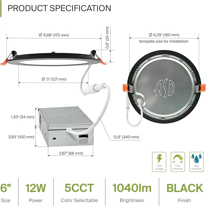 ASD 6 Pack LED Recessed Lighting 6 Inch 12W, 5 CCT 2700K-5000K CRI90+, IC Rated Ultra Thin Dimmable Ceiling Lights with J Box, Canless Wafer Downlight, Round Slim Panel Light, Energy Star ETL, Black