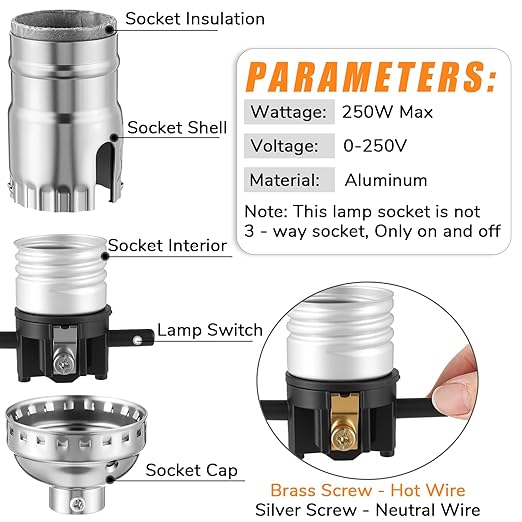 4 Pack UL Listed Lamp Socket with Push On/Off, E26 Threaded Base, Medium Screw Push Socket, Lamp Parts for Floor and Table Lamps, DIY Project (Silver)