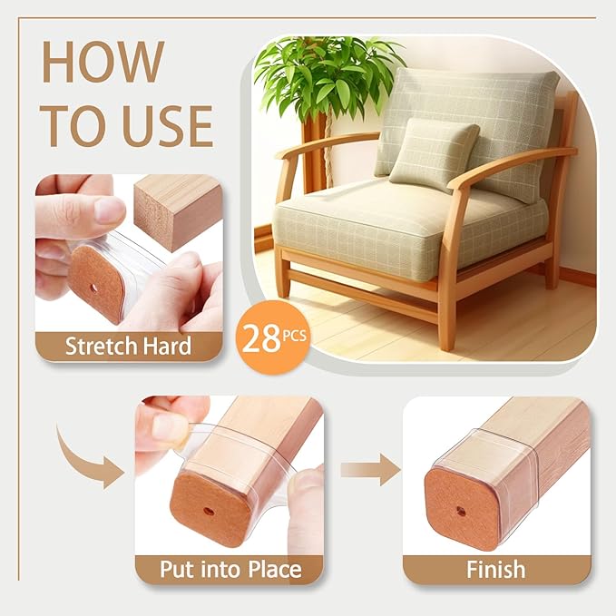 28Pcs Chair Leg Floor Protectors Square Silicone Chair Leg Protectors for Hardwood Floors Felt Furniture Pads Clear Chair Sliders for Wooden Floors(Fit:3/4" ~ 1")