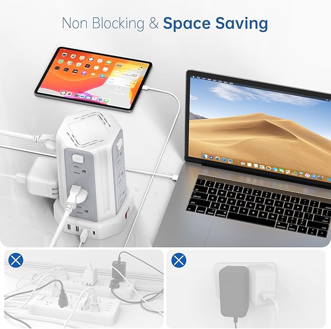 Power Strip Surge Protector, 10 Ft Extension Cord with 12 AC Multiple Outlets 4 USB (1 USB C), SMALLRT Power Tower Desktop Charging Station (White, 10 FT)