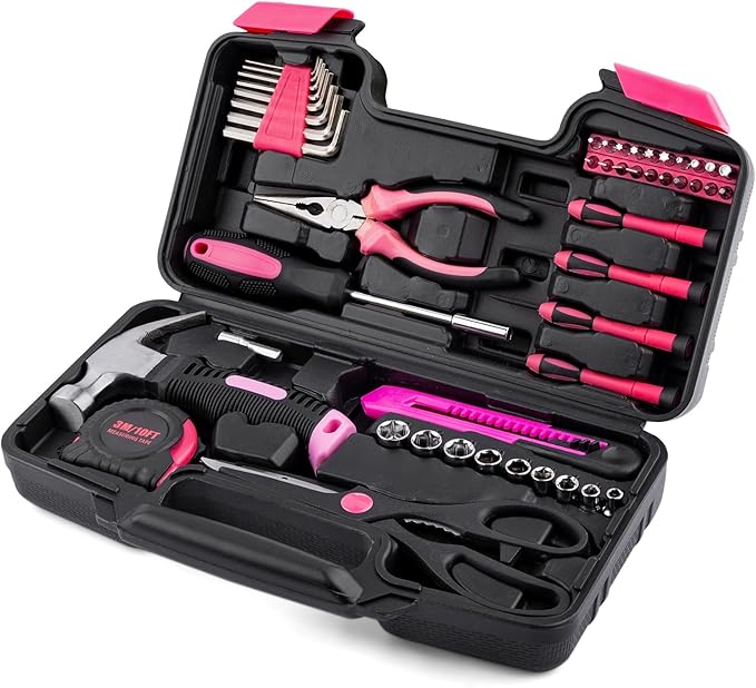 Tool Set, Mini Tool Kit, 49-Piece Household Pink Small Basic Home, Tool Set with Plastic Toolbox Tool Kit for Dorm, Great for Women,College Students, Household Use & More