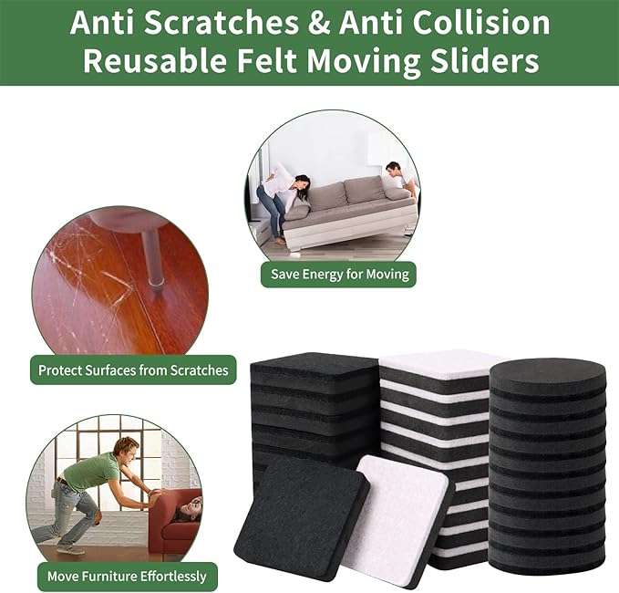 Ezprotekt 2.5" Felt Furniture Movers Sliders for Hardwood Floors, 24 Pcs Reusable Round Felt Furniture Moving Pads for Sofa Desk Couch Cabinet, Furniture Glides Easily and Quickly (Black)