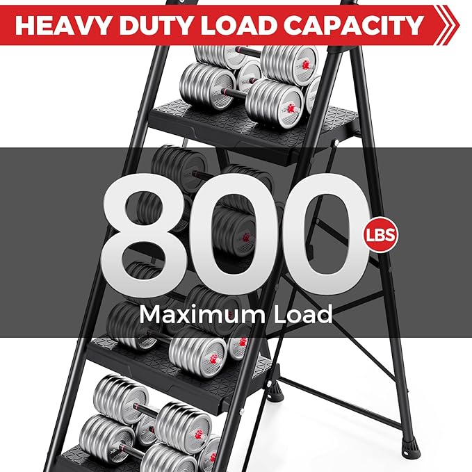 KINGRACK 4 Step Ladder,Folding Step Stool with Handrail, Anti-Slip Wide Pedals, Safe-Lock Design, Pass 800lbs Load Testing, Foldablel Step Stool for Home, Kitchen, Black