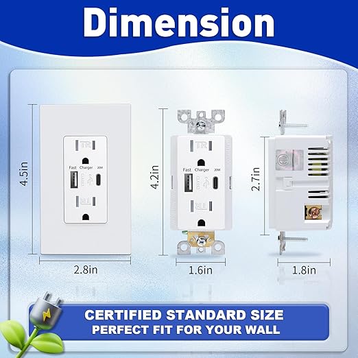USB Wall Outlet, Charger Outlets Receptacles with 4.2A USB C Ports, 15 Amp Duplex Tamper Resistant Receptacle Plug with USB Electrical Outlet, Wall Plate Included, ETL Listed,White, 20 Pack