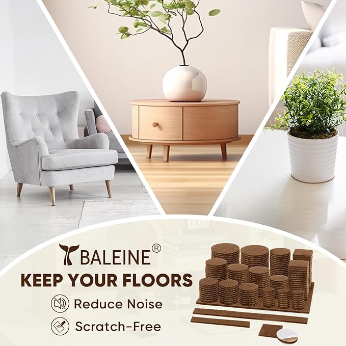 BALEINE 141PCS Felt Furniture Pads, Multi-Size Felt Pads for Chair Legs, Tables, Beds, Scratch-Reducing Floor Protectors for Hardwood Floors, Tile, Vinyl, and Laminate (141PCS, Brown)