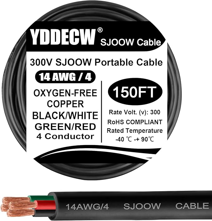150ft 14/4 14 AWG Portable Power Cable (4 Conductor) - SJOOW 300V 14 Gauge Electric Wire for Motor Leads, Portable Lights, Battery Chargers and Machinery - 4 Conductor - 150 Feet Electrical Cord