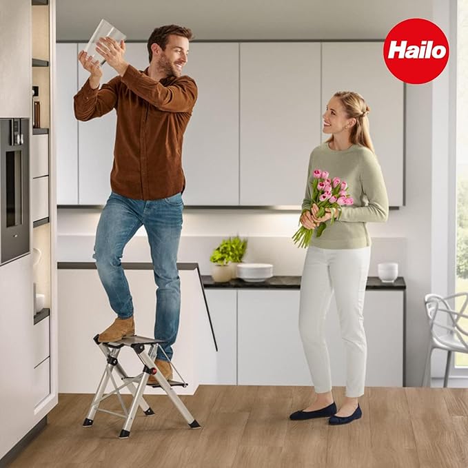 Hailo MK80 Mini Steel Step Stool - Two Large Anti-Slip Steps, 330 lb Capacity - Safety Release Button, Carry Handle - Easy Storage - Silver