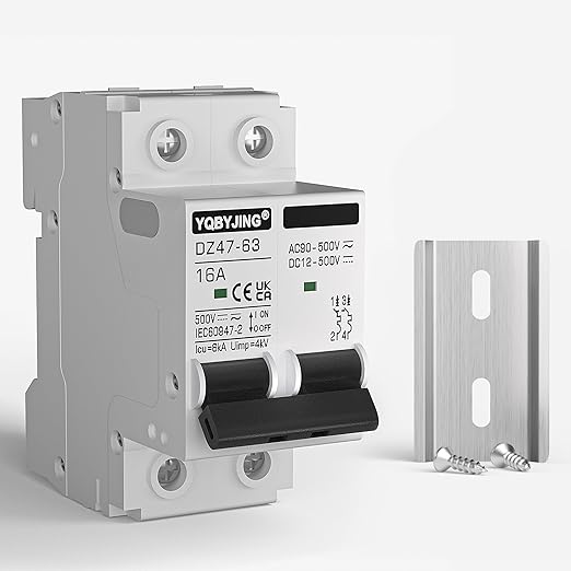 DC Circuit Breaker 16 Amp Solar Panel Disconnect Switch 12V-500V 2 Poles Miniature Solar Circuit Breaker for Outdoor PV Homes Battery, AC 110V DIN Rail MCB