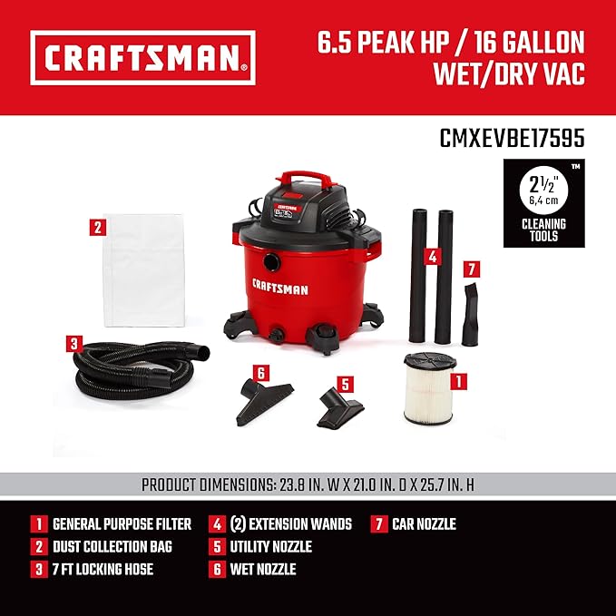 Craftsman CMXEVBE17595 16 Gallon 6.5 Peak HP Wet/Dry Vac, Heavy-Duty Shop Vacuum with Attachments