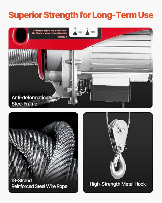 VEVOR 1320lbs Wireless Electric Hoist, 1150W 110V Electric Steel Wire Winch with Wireless Remote Control, 40ft Single Cable Lifting Height & Motor, for Garage Warehouse Factory