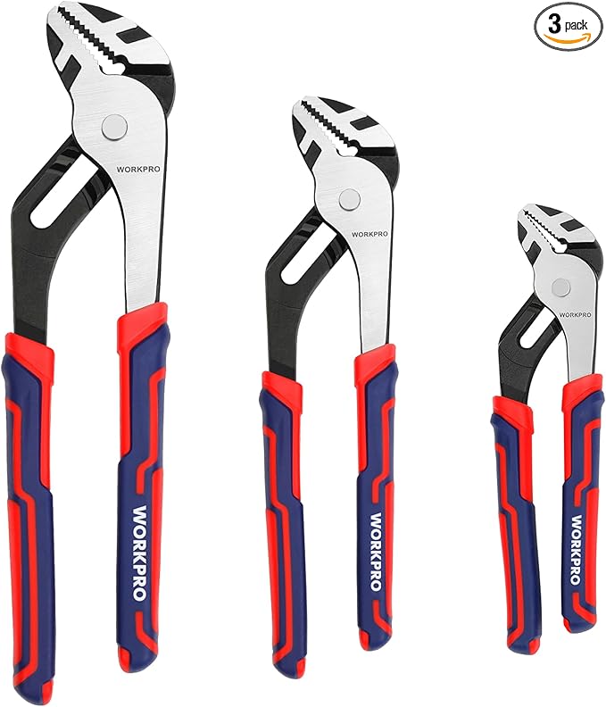 WORKPRO 3 Piece Groove Joint Plier Set, 12/10/8 Inch Adjustable Water Pump Pliers, Straight Jaw Pliers for Home Repair, Gripping, Nuts, Bolts, Pipe & Fittings