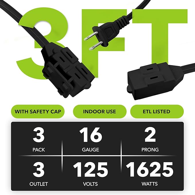 HBN Extension Cord, 3-Pack 3FT Black, 2 Prong Indoor Extension Cord 16/2 SPT-2, 13A, 1625 W, 3-Outlet Extension Cords for Home/Office Use