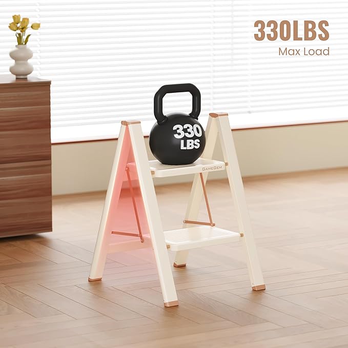 GameGem 2 Step Ladder, 2 Step Stool for Adults, Folding Step Ladder with Secure Footing, Widened Pedal, Aesthetically Pleasing Looking, Blends Right into Domestic Rooms, Cream Chocolate