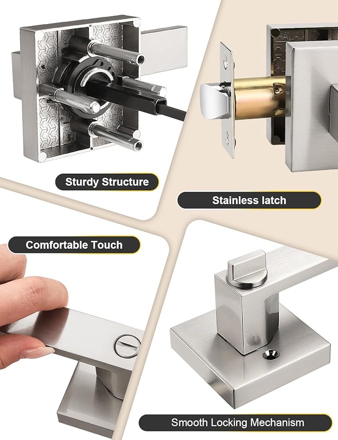 Privacy Square Brushed Nickel Door Handles Interior, Keyless Door Knobs for Bedroom/Bathroom, Reversible for Left Right Handed Doors, 1 Pack