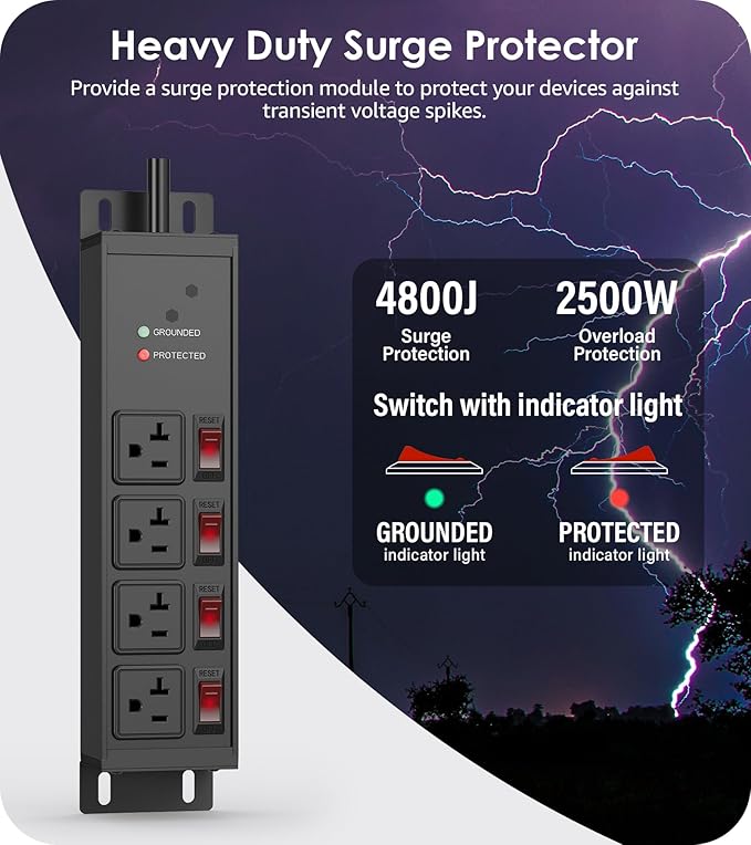 CCCEI Heavy Duty Surge Protector Power Strip 20 Amp Individual Switches. 4FT 12 Gauge Extension Cord with Multiple Outlets. Kitchen, Garage, Shop, Industrial Wall Mount Electric Extender, Black.