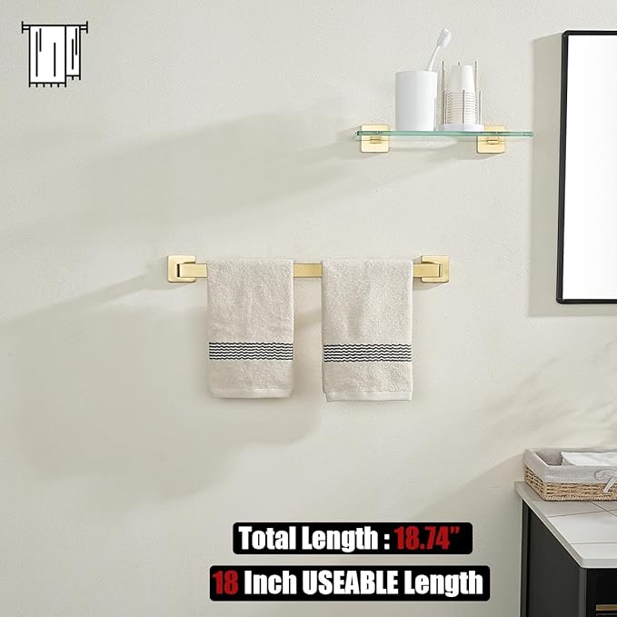 JQK Gold Towel Bar, Rounded Edges 20.41 Inch Towel Rack, 304 Stainless Steel Bathroom Wall Mount, Useable Length 18 Inch, TB250L18-BG