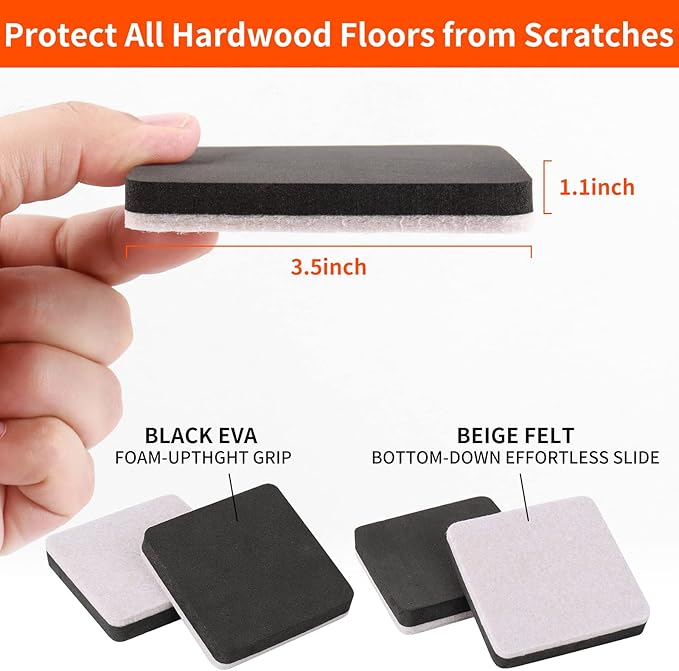 Ezprotekt 3.5" Felt Furniture Movers Sliders for Hardwood & Vinyl Floors, 16 Pcs Square Reusable Felt Furniture Moving Pads for Heavy Duty Sofa Bed Couch Cabinet, Move Items and Quickly (Beige)