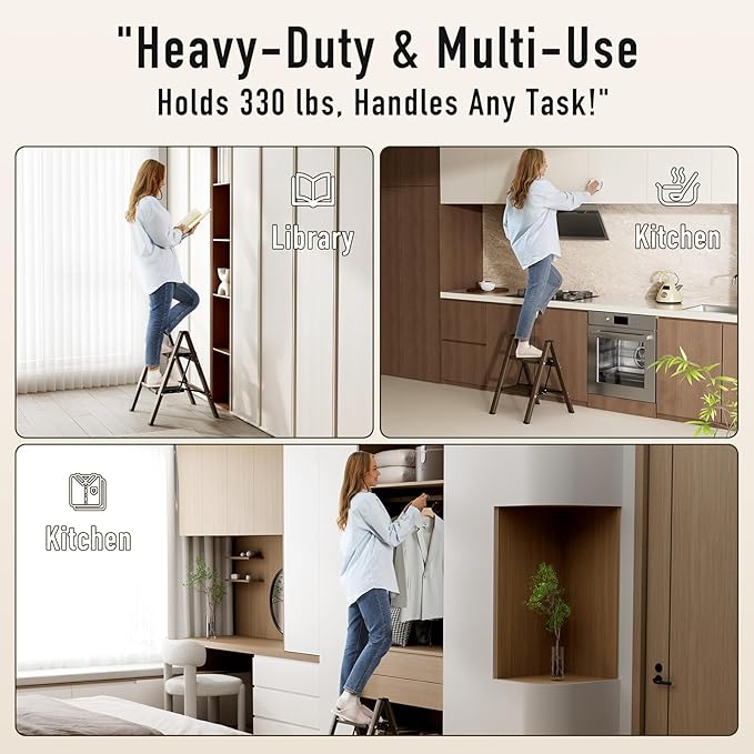 2 Step Ladder,Aluminum Folding Step Stool for Adults,Step Ladder with Wide Anti-Slip Pedal,330 lbs Capacity for Home,Office,Kitchen,Library(Walnut)