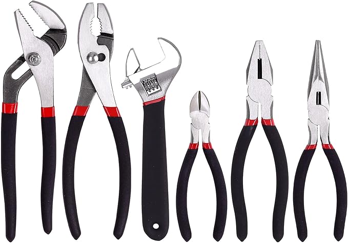 FASTPRO 6-Piece Large Pliers and Wrench Set, Includes 10" Groove Joint, 10" Slip Joint, 8" Linesman, 8" Long Nose, 6" Diagonal Pliers and 8" Adjustable Wrench