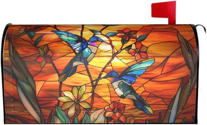 Stained Glass Hummingbird Magnetic Mailbox Cover for Fall and Thanksgiving - Standard Size 18 x 21 Autumn Outdoor Welcome Decoration