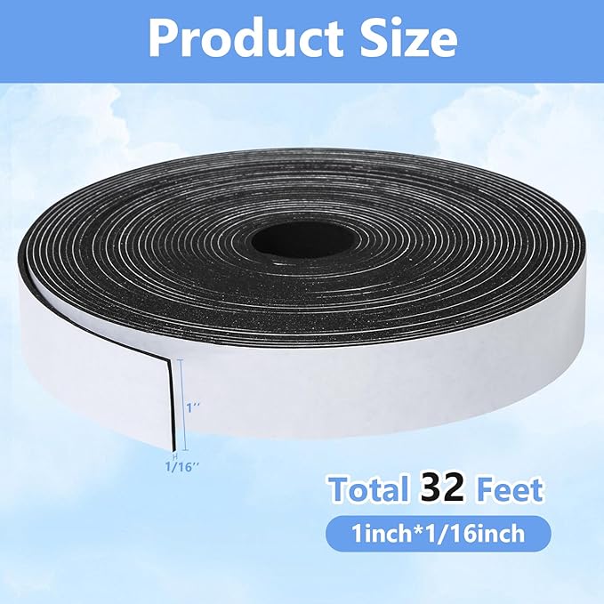 Weather Stripping Door Seal Strip- 1 Inch X 1/16 Inch X 32Feet, Strong Adhesive, Lightproof, Soundproof, Weatherproof Foam Tape Insulation for Sliding Door, Front Door Frame, Windows- Black