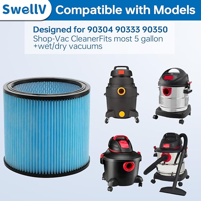 90304 Replacement Filter Compatible with Shop-Vac Shop Vac 90304, 90350, 90333,903-04-00, 9030400,fits most 5 Gallon and above Wet/Dry Vacuum Cleaners (2 Pack blue)