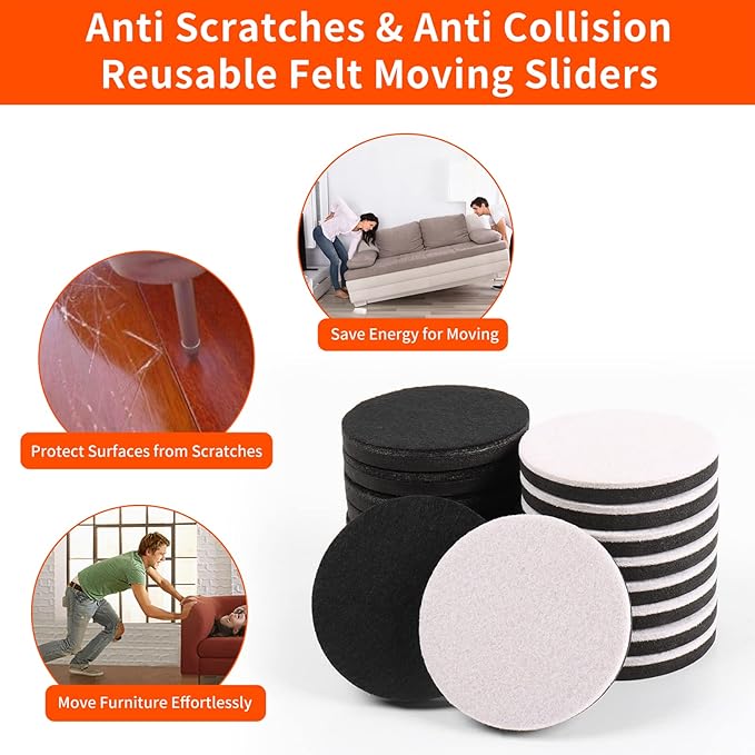 Ezprotekt 3.5" Felt Furniture Movers Sliders for Hardwood & Vinyl Floors, 16 Pcs Round Reusable Felt Furniture Moving Pads for Heavy Duty Sofa Bed Couch Cabinet, Move Items and Quickly (Black)