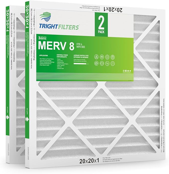 20x20x1 Air Filter 2 Pack, Durable MERV 8 Pleated Home HVAC AC Furnace Filters, Lightweight Compact Air Conditioner Filter Replacement