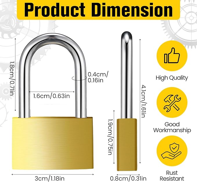4 Pcs Solid Brass Keyed Padlock, Small Yellow Gym Lock, Strong Padlock with Same Key for Luggage Toolbox (30mm 1-3/16'')