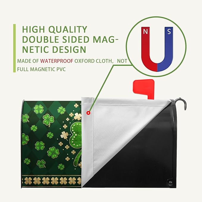 St Patrick's Day Mailbox Cover Magnetic Large Size 25.5 X 21 Inch Green Shamrock Clovers Magnetic Mailbox Covers Oversized Spring Post Letter Box Cover Wraps for Outside Garden Decor
