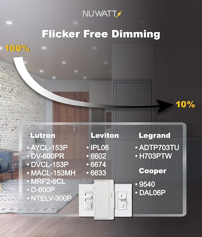 NUWATT 4 Inch Ultra Thin LED Recessed Lighting, 5CCT 2700K/3000K/3500K/4000K/5000K Selectable, 630LM, 9W, IC Rated, Dimmable Canless LED Wafer Light, White Trim, Metal Junction Box, ETL, 6 Pack