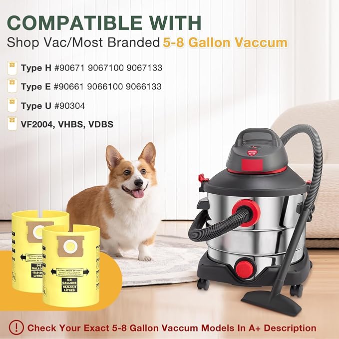 15PCS 5-8 Gallon Wet Dry Vacuum Filter Bags Replacement For Shop Vac Bags, Replace Part Type H #90671 9067100 9067133, Type E #90661 9066100 9066133, VF2004, VHBS VDBS(Yellow)