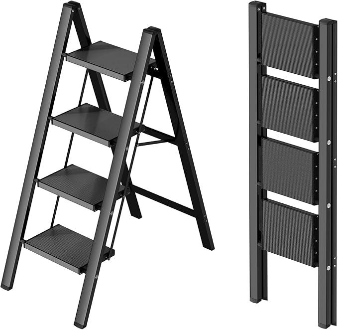 Taranta 4 Step Ladder,Aluminum Lightweight Folding 4 Step Stool with Anti-Slip Wide Pedal,330lbs Capacity Step Ladder for Household,Kitchen,Office - Black