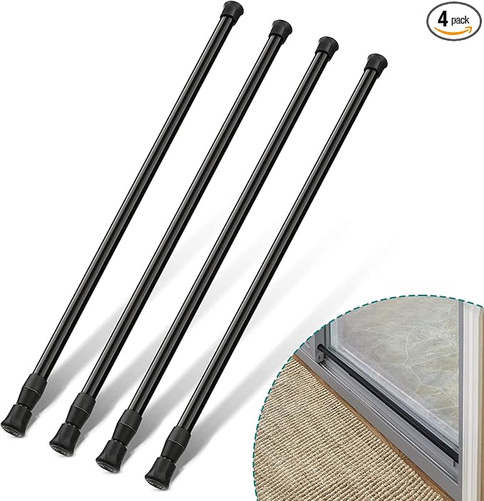 4 Pack Window Security Bars Adjustable Spring Tension Rod Sliding Glass Door Stick for Door with Rubber Tips, 1.3 cm in Diameter, Extends from 15.8-27.6 Inch, Black