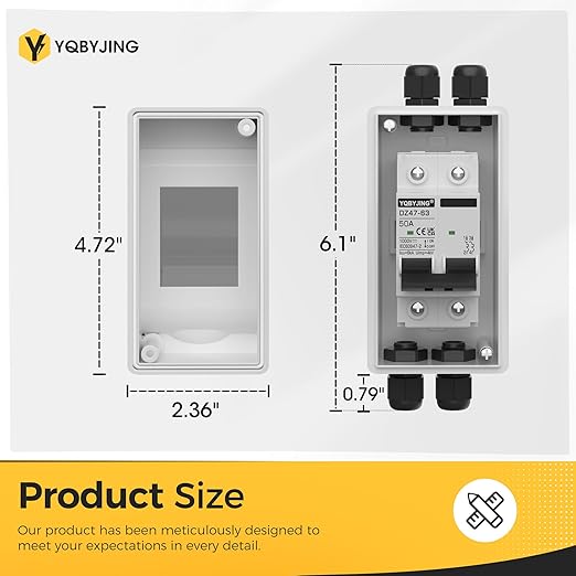 DC Solar Panel Disconnect Switch 50 Amp Miniature Circuit Breaker Box 1000V 2 Poles with IP65 Waterproof UV-Proof Box for Outdoor Solar PV Homes Battery