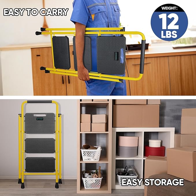 TICONN 3 Step Ladder, Heavy Duty Foldable Step Stool, Portable Steel Folding Stool for Household Garage Storage (Yellow)