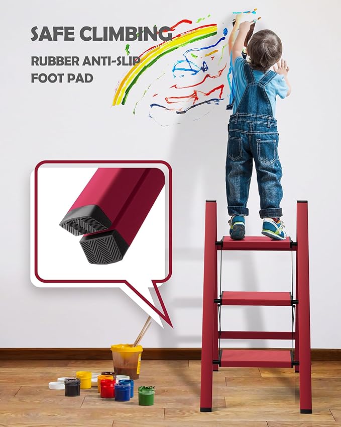 Taranta 3 Step Ladder,Aluminum Lightweight Folding 3 Step Stool with Anti-Slip Wide Pedal,330lbs Capacity Step Ladder for Household,Kitchen,Office - Red