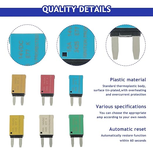 BOJACK ATM Auto Reset Fuse Low Profile Mini Blade Fuses T1 14V DC 5A 10A 15A 20A 25A 30A Amp Automotive Circuit Breaker Fuses Boat Marine RV Car Truck (6 pcs Mixed